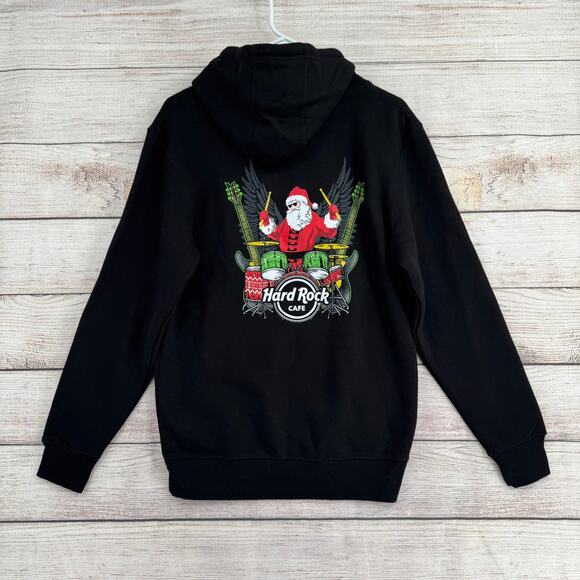 Hard Rock Cafe Santa Rocker Drums Christmas Hoodie Sweatshirt Adult S Black NEW - Picture 1 of 12